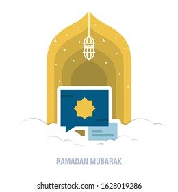 Ramadan Kareem islamic design crescent moon and mosque dome silhouette with arabic pattern and calligraphy 