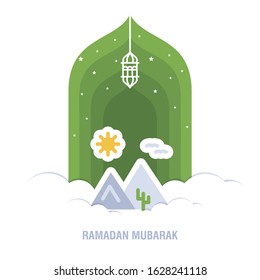 Ramadan Kareem islamic design crescent moon and mosque dome silhouette with arabic pattern and calligraphy 