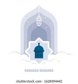 Ramadan Kareem islamic design crescent moon and mosque dome silhouette with arabic pattern and calligraphy 