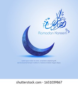 Ramadan kareem, Islamic design with crescent moon isolated on blue background. - Translation of arabic calligraphy : Ramadan Kareem.