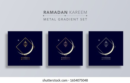 Ramadan Kareem islamic design crescent moon with gold copper and silver square frame on dark blue background.