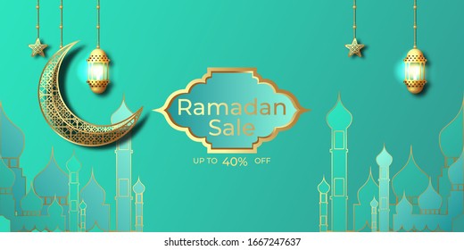 Ramadan Kareem islamic design crescent moon,  lantern lamp with pattern. ramadan kareem sale promotion.