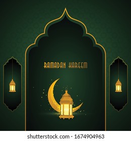 Ramadan Kareem islamic design crescent moon and Islamic Lantern with green golden Masjid gate & arabic pattern