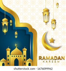 Ramadan Kareem islamic design crescent moon, lantern and mosque. greeting card design