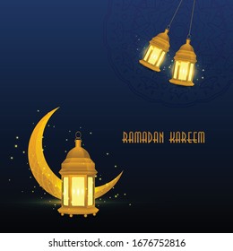 Ramadán Kareem diseño islámico luna creciente y linterna islámica en la noche con patrón mandala