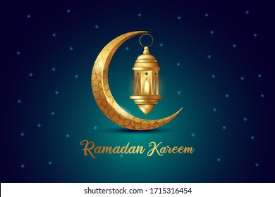 Ramadan Kareem islamic design crescent moon and lantern with arabic pattern and calligraphy