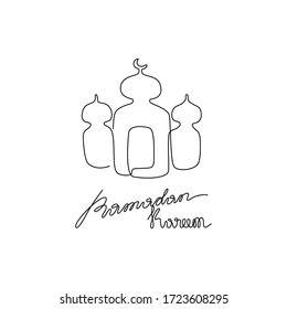 Ramadan Kareem islamic design crescent moon and mosque dome silhouette, continuous line drawing, small tattoo, print for clothes and logo design, emblem or logo design, isolated vector illustration.