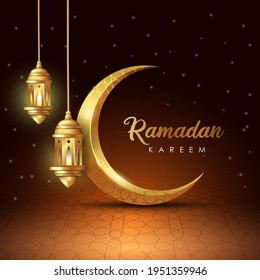 Ramadan Kareem islamic design crescent moon and lantern with arabic pattern and calligraphy