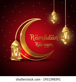 Ramadan Kareem islamic design crescent moon and lantern with arabic pattern and calligraphy