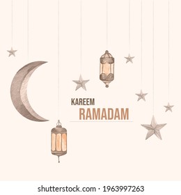 Ramadan Kareem islamic design crescent and arabic pattern and calligraphy