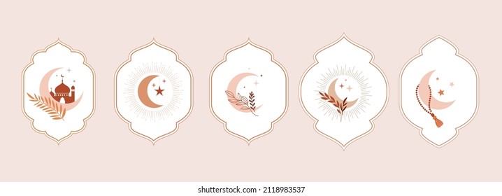 Ramadan Kareem islamic design crescent moon and mosque dome silhouette with flowers in beautiful vintage frames. Modern boho illustrations