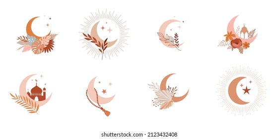 Ramadan Kareem islamic design crescent moon and mosque dome silhouette with flowers in beautiful vintage frames. Modern boho illustrations