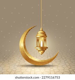 Ramadan Kareem diseño islámico luna creciente y linterna con un patrón árabe y caligrafía