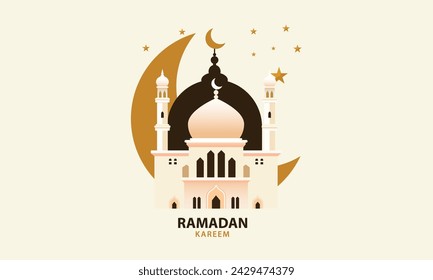 Ramadan Kareem Islamic design crescent moon and mosque silhouette with RAMADAN KAREEM text