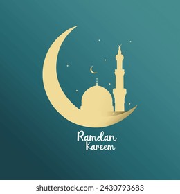 Ramadan Kareem islamic design crescent moon and islamic greeting card background vector illustration.Islamic background, Gift box, lantern, gold crescent moon on white. Ramadan Kareem, Iftar.