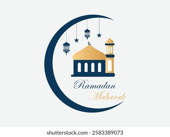 Ramadan Kareem Islamic design crescent moon and mosque silhouette with RAMADAN KAREEM text.
