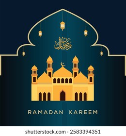 Ramadan Kareem Islamic design crescent moon and mosque silhouette with RAMADAN KAREEM text.