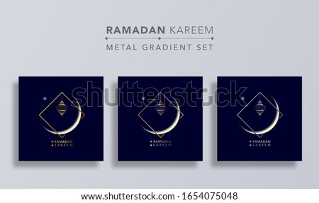 Ramadan Kareem islamic design crescent moon with gold copper and silver square frame on dark blue background.