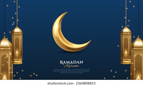 Ramadan Kareem islamic design golden crescent moon with hanging lantern for greeting card, poster and background