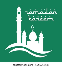 Ramadan Kareem islamic design, green background with white letters, mosque, typography, calligraphy EPS Vector