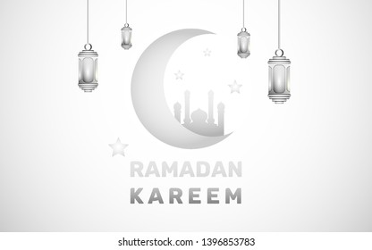 ramadan kareem islamic design greeting card template with crescent moon, mosque, ramadan lantern- vector illustration