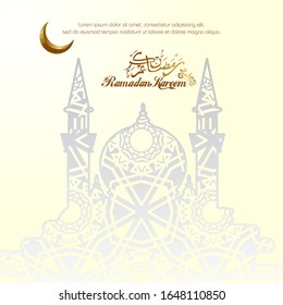 Ramadan kareem islamic design for greeting, card, poster, banner and background. Gold moon and arabic calligraphy with mosque silhouette.