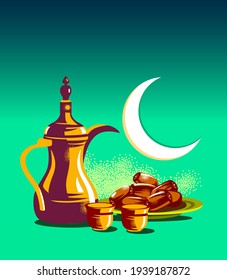 Tarjeta de saludos de diseño islámico Ramadan Kareem. Cafetera árabe dátiles luna