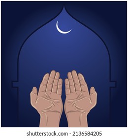 Ramadan kareem islamic design illustration. praying hands in blue sky with white moon illustration artwork. islamic background