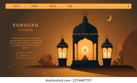 Ramadan Kareem in islamic design with lanterns, landing page