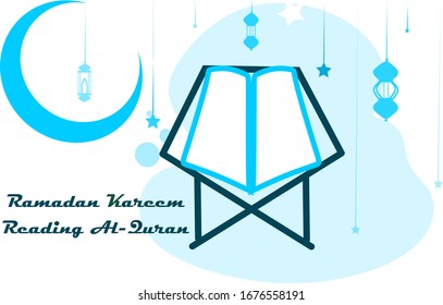 Diseño islámico Ramadan Kareem Linterna, quran, luna creciente y estrellas. Feliz Ramadán Kareem leyendo el diseño de fondo del Corán. Cartel vectorial, tarjeta, celebración de los musulmanes. Página web de aterrizaje