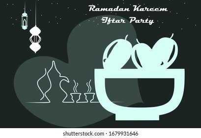 Ramadan Kareem Islamic design light lantern, dates fruit, traditional teapot and stars. Happy Ramadan Kareem iftar party background design. Vector banner, card, celebration of Muslim.