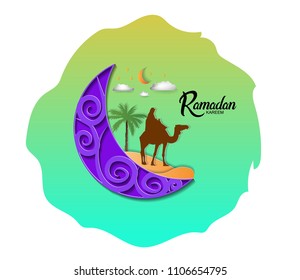Ramadan kareem islamic design with man riding camel, papercut purple moon. vector illustration for holy month ramadan celebration.