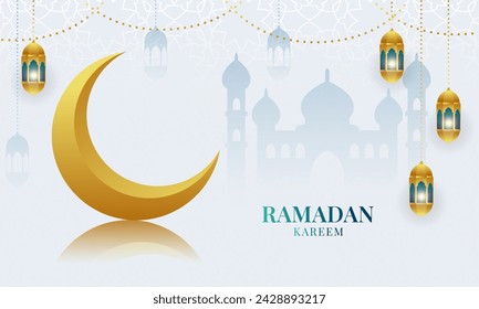 Ramadan kareem islamic design with moon and mosque with lanterns