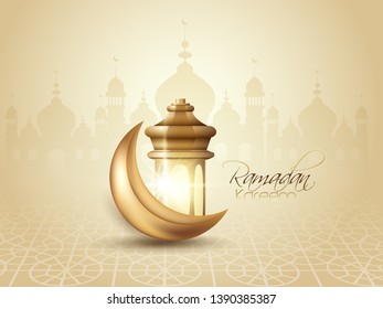 Ramadan Kareem islamic design  mosque with calligraphy and traditonal lantern for islamic greeting background