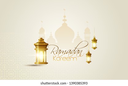 Ramadan Kareem islamic design  mosque with calligraphy and traditonal lantern for islamic greeting background