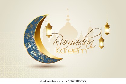 Ramadan Kareem islamic design  mosque with calligraphy and traditonal lantern for islamic greeting background