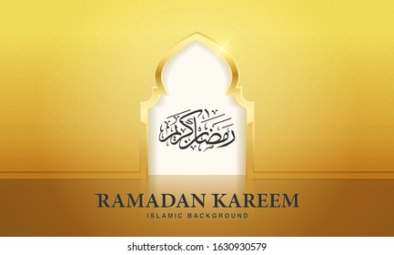 Ramadan Kareem islamic design mosque door with arabic pattern and calligraphy for greeting background. The Arabic calligraphy means (Generous Ramadan). Vector