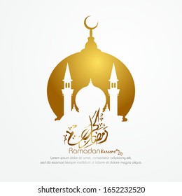 Ramadan kareem, diseño islámico con silueta de mezquita aislada en fondo blanco.- Traducción de caligrafía árabe : Ramadán Kareem.