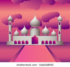 Ramadan Kareem ist islamisch, Design-Moschee auf Cloud-Hintergrund