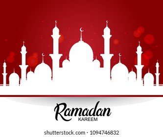 Ramadan Kareem Islamic Design Red Color With Mosque. Vector Illustration For Use Greeting Card, Poster, Banner And Flyer