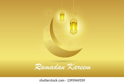Ramadan kareem islamic design template with crescent moon, mosque, islamic pattern and ramadan lantern -vector illustration 