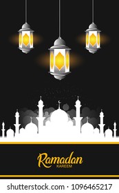 Ramadan Kareem islamic design with three white lantern, mosque on black background. vector illustration for use ramadan celebration