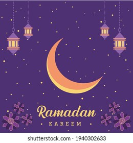 Ramadan Kareem Islamic design, vector crescent moon  with Arabic pattern and lantern. Ramadan Kareem illustration vector background banner.