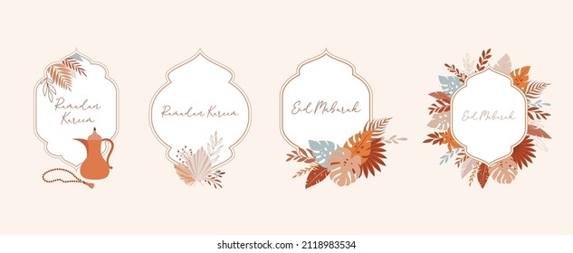 Ramadan Kareem islamic design, vintage frames with flowers, leaves, lanterns and mosque dome silhouette. Modern boho illustrations