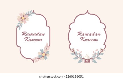 Ramadan Kareem islamic design, vintage frames with flowers, leaves, lanterns and mosque dome silhouette. Modern boho illustrations