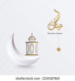 Ramadan Kareem islamic design white crescent moon and islamic lanttern realistic with arabic pattern and calligraphy