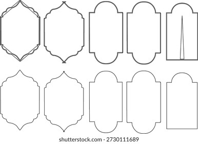Ramadan Kareem Islamic Door Frame Outline Set Vector de ventana de arco árabe, Elementos de arquitectura geométrica marroquí para tarjetas de felicitación musulmanas, Anuncios, carteles y Plantillas festivas, Formas de ventanas de mezquitas y arcos árabes orientales.