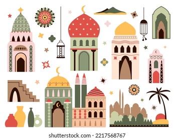 Ramadan kareem islamic elements. Isolated lamp, mosaic arabian windows and doors. Mosque silhouettes, decorative vases decent vector abstract oriental set