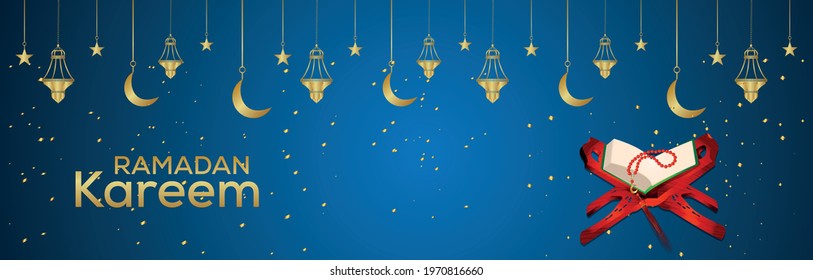 Ramadan kareem islamic festival banner or header with golden lantern and holy book quraan