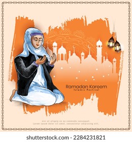 Ramadan Kareem Islamic festival card with muslim female offering namaz in hijab vector